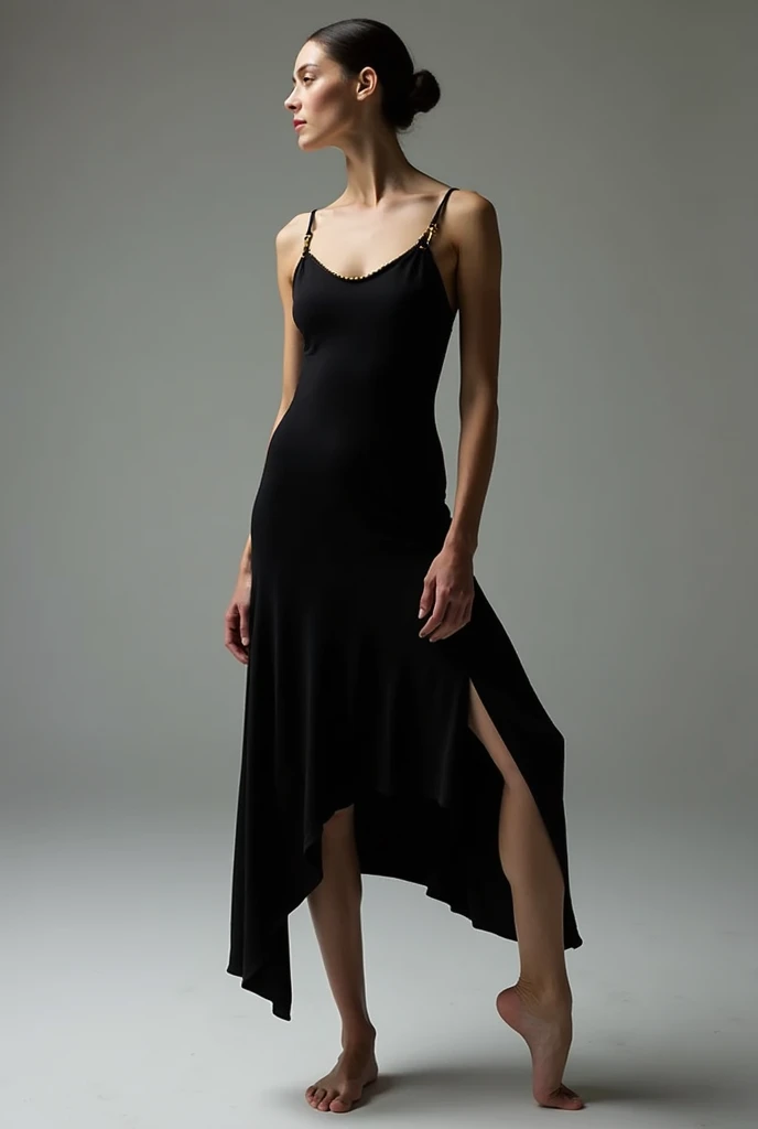 Make me a sketch of a costume, for Carmen, a work of modern ballet and contemporary dance. I want a completely black dress, seeds, Without details, but shorter on one side , flamenco style, without fuss. up to the knees, simple and more casual