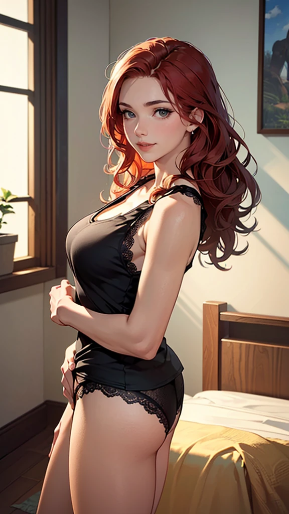 ((((masterpiece, of the highest quality, High resolution)))), Extremely detailed 8k, Beautiful girl with a voluptuous body, (ultra high definition, Super detailed, Very detailed, very realistic, ultrarealistic, Real photo), (A girl:1.5), (realistic red hair), (long wavy hair ), (dynamic pose), to the camera, See your viewers, (blush, smile), (hazel eyes, sharp eyes), (medium and firm breasts:1.2), (beautifully detailed face, Beautiful attention to detail), ((black tank top, fine material, lace underwear)), (Stand), shine, (Sun ray, sunlight), ((cowboy shot)), bedroom, fascinating