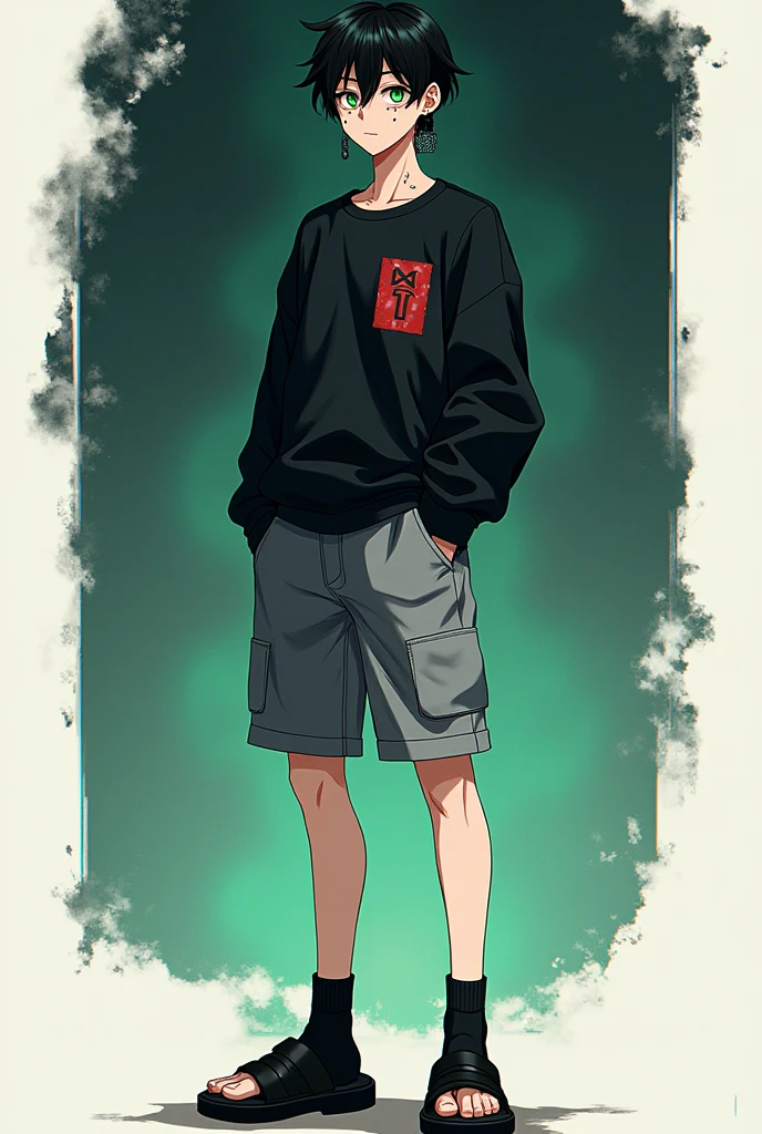 Kin has blackish hair and emerald green eyes that stand out against his snow-white skin. His face is adorned with multiple polka dots, adding a unique touch to his appeal. he usually wears a black sweatshirt, gray sports shorts, sandals with black socks, and has pierced ears with black earrings.
Handsome men. Anime men. Front angle. Tokyo ghoul manga style
