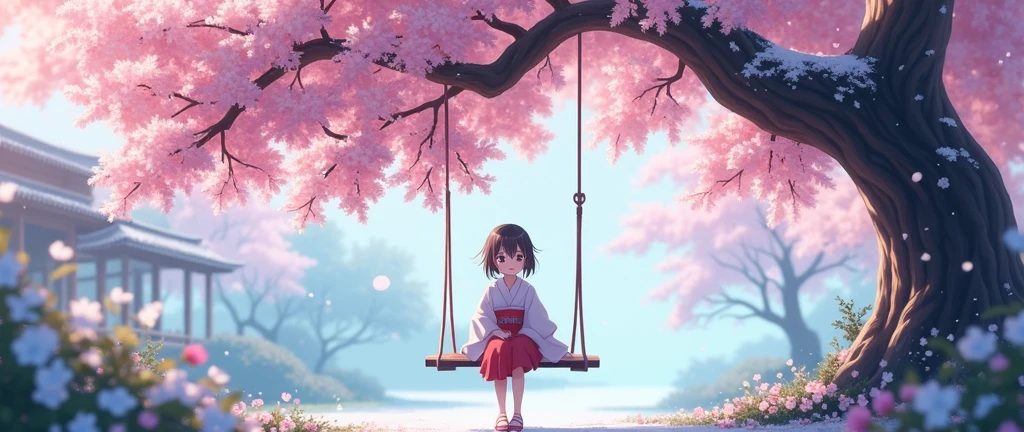 "Create a beautiful anime-style image of a young girl sitting on a swing under a cherry blossom tree, with snowflakes gently falling around. The scene should be in a Japanese aesthetic, showcasing delicate and vibrant colors, with the cherry blossoms in full bloom and the snowfall adding a serene, magical atmosphere."