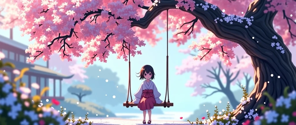 "Create a beautiful anime-style image of a young girl sitting on a swing under a cherry blossom tree, with snowflakes gently falling around. The scene should be in a Japanese aesthetic, showcasing delicate and vibrant colors, with the cherry blossoms in full bloom and the snowfall adding a serene, magical atmosphere."