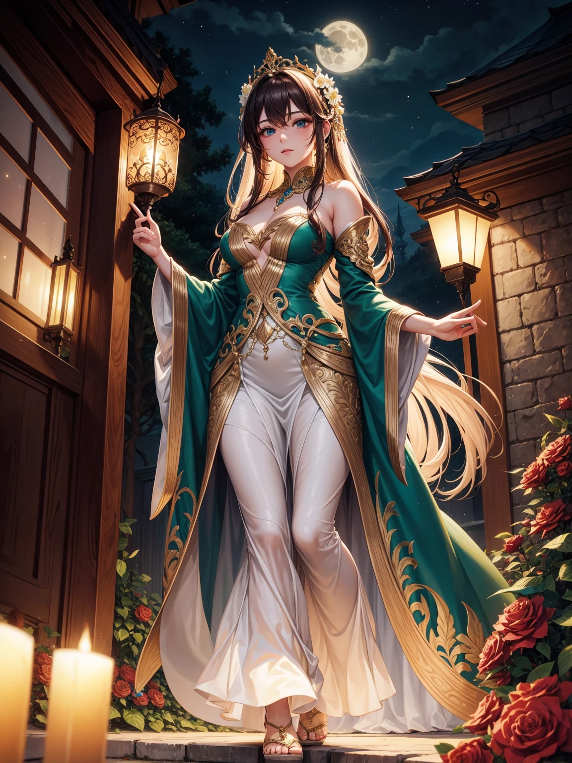 A breathtaking woman with flowing, chestnut hair stands in a moonlit garden, surrounded by blooming jasmine and roses. She is dressed in a flowing, emerald green gown with intricate gold embroidery that glitters under the soft light of the full moon. The dress has a deep neckline that elegantly showcases her figure. Her eyes are a mesmerizing shade of deep green, and her lips are painted a soft, romantic pink. She holds a delicate, silver lantern in one hand, casting a gentle glow on her serene expression as she walks along a cobblestone path, the night air filled with the fragrance of flowers.