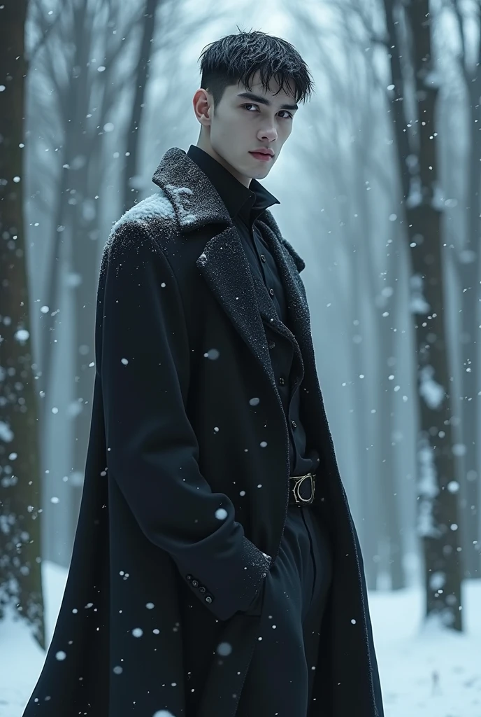 Short haired vampire man in a snowy forest