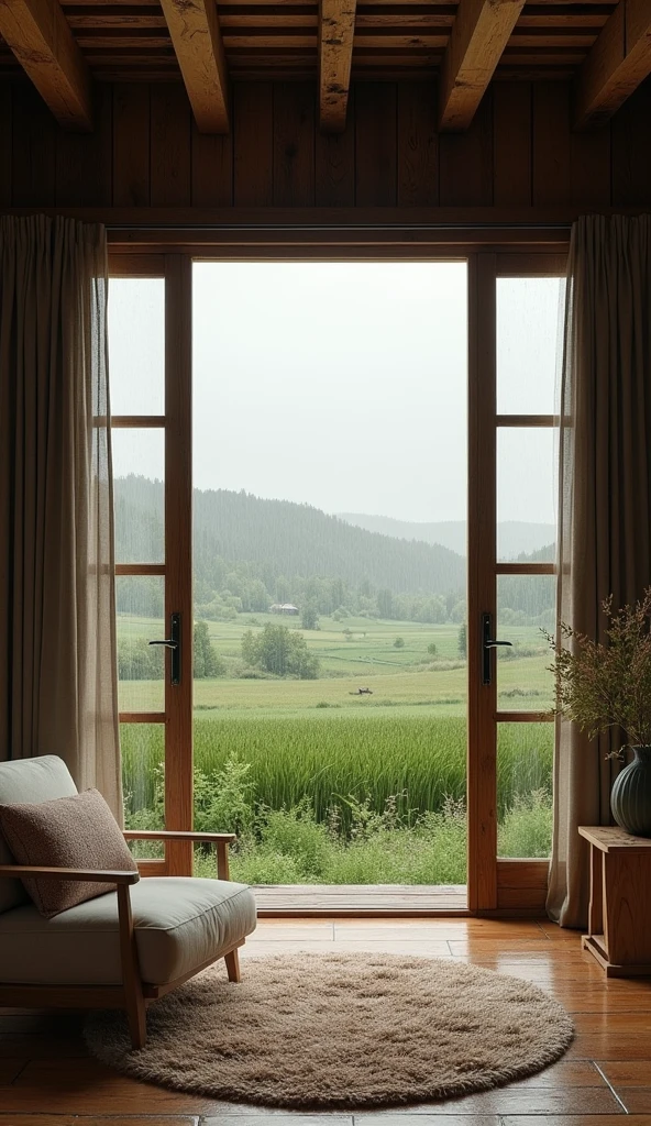 A large, comfortable room with wooden beams and a window showing rain-soaked fields. The peacefulness of the countryside and the gentle sound of rain provide a perfect nap ambiance.