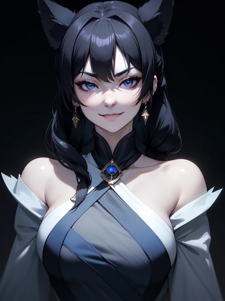 (((Portrait Photo))), She has the Appearance of a Regal Teenager, with a Strong, Muscular Build, and Cold Pale Skin that Exudes Elegance. She has Black Hair Tied into Twin Low Ponytails, Keeping it Neat and Out of Her Face. The Top of Her Head is Shaped Like an Odango to Resemble Dark Wolf Ears. Her Icy Blue Eyes Reflect the Piercing Gaze of a Husky—Intense, Intelligent, and Unyielding. Her Expression is Calm and Composed, with a Subtle, Knowing Smirk, Perfectly Embodying the Essence of Pride and Excellence. (((Dark Background))), (((Portrait Photo))), (((Black Cheongsam with Bare Shoulder and Loose Sleeves))), (((Odango Shaped to Resemble Ears))), (((Proud Smirk))), (((Regal Posture)))