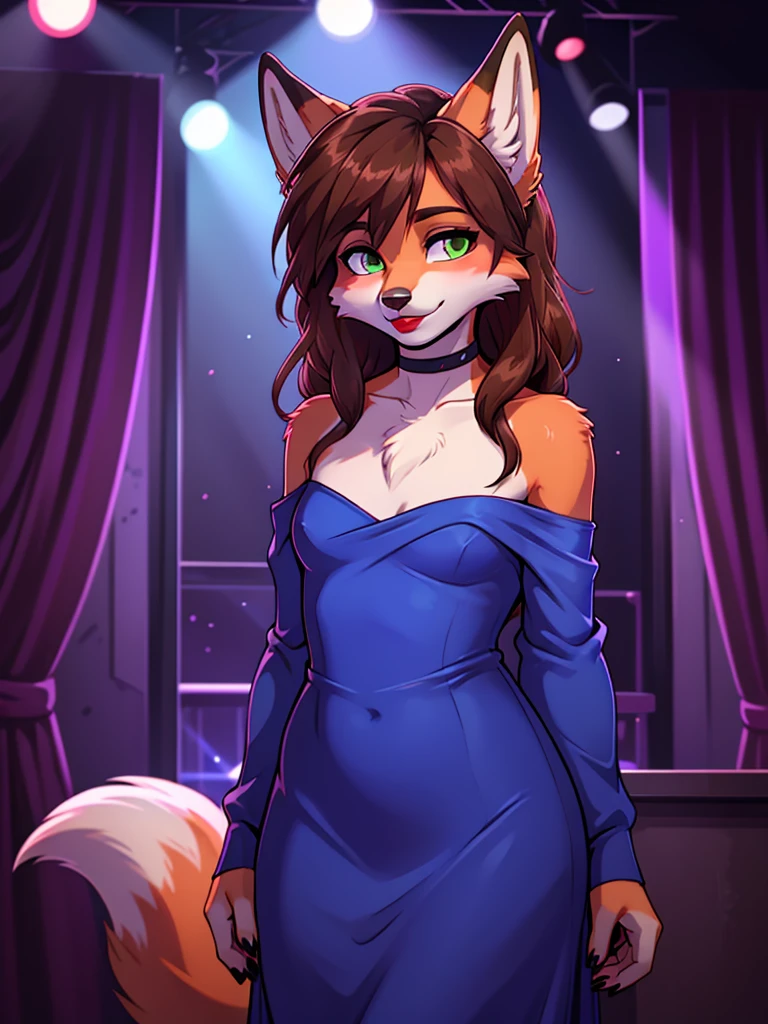 Best quality, furry male fox with green eyes, with brown long hair, with black spout, with red lipstick on lips, big lips, in a blue dress, crossdressing,  shy, with a choker around his neck, off-the-shoulder dress, flirts, sexy pose, portrait, against the backdrop of an empty nightclub