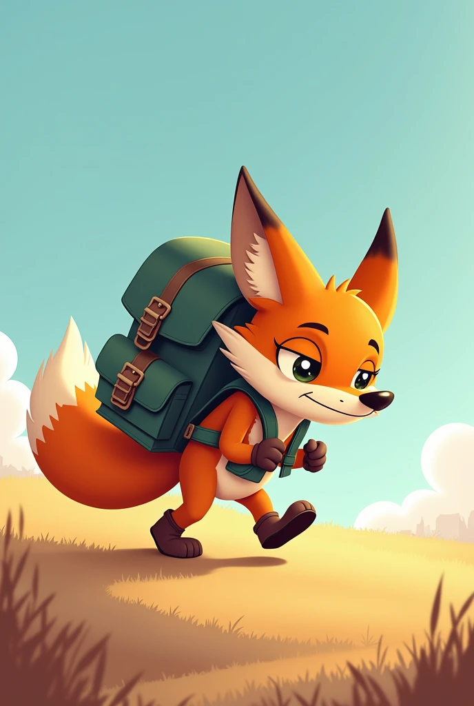 
picture of Max the fox struggling with his backpack, the background is wide