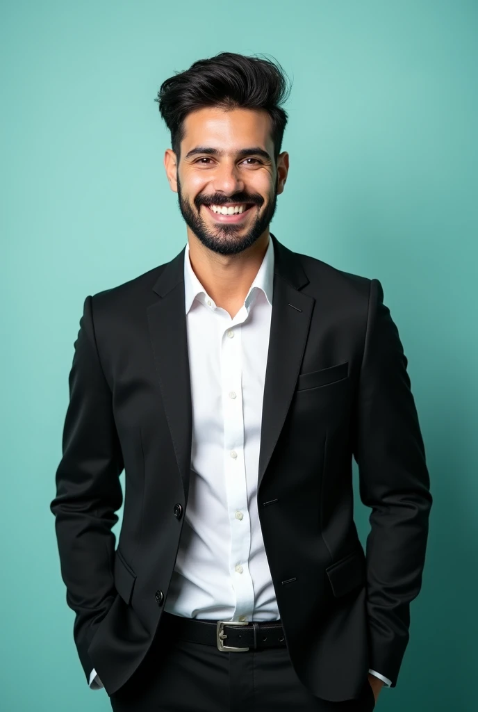 A young man with dark hair the bread meduim and a confident smile. He is dressed in a black blazer over a white shirt. The man is positioned against aqua colour backdrop with a subtle and he posing for Facebook profile.