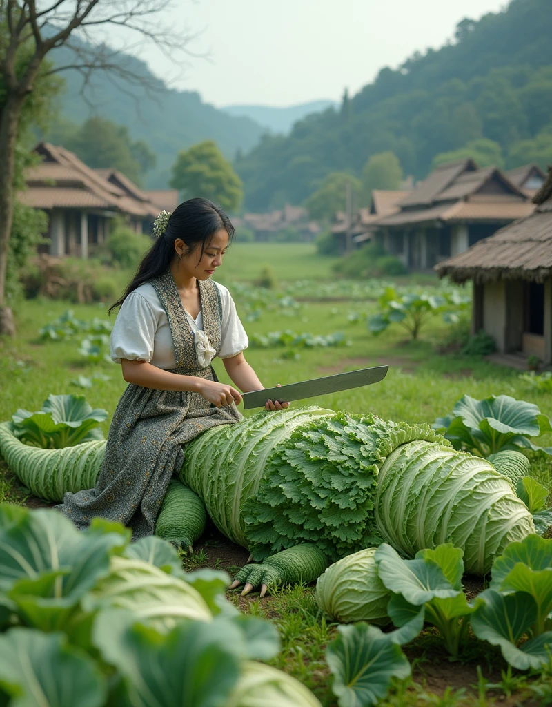 "In a realistic village setting, a woman in traditional attire is seen in the midst of a field or garden. She is slicing a large crocodile made entirely of cabbage. The crocodile should be intricately detailed, with layers of cabbage leaves arranged to mimic the texture and shape of a real crocodile. The scene is set in high resolution (4K), capturing every detail with clarity. The background features realistic village elements like rustic houses, fields, and greenery. The woman’s clothing should be detailed, reflecting the texture of fabric, and her expression should convey concentration. The overall scene should be vibrant and lifelike, blending the surreal element of the cabbage crocodile with the authentic setting of a village."