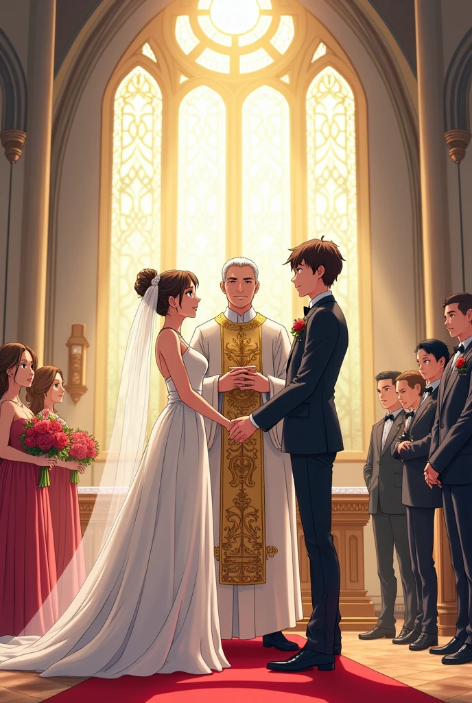 (anime style comic)
The priest holds up the bride and groom's joined hands.