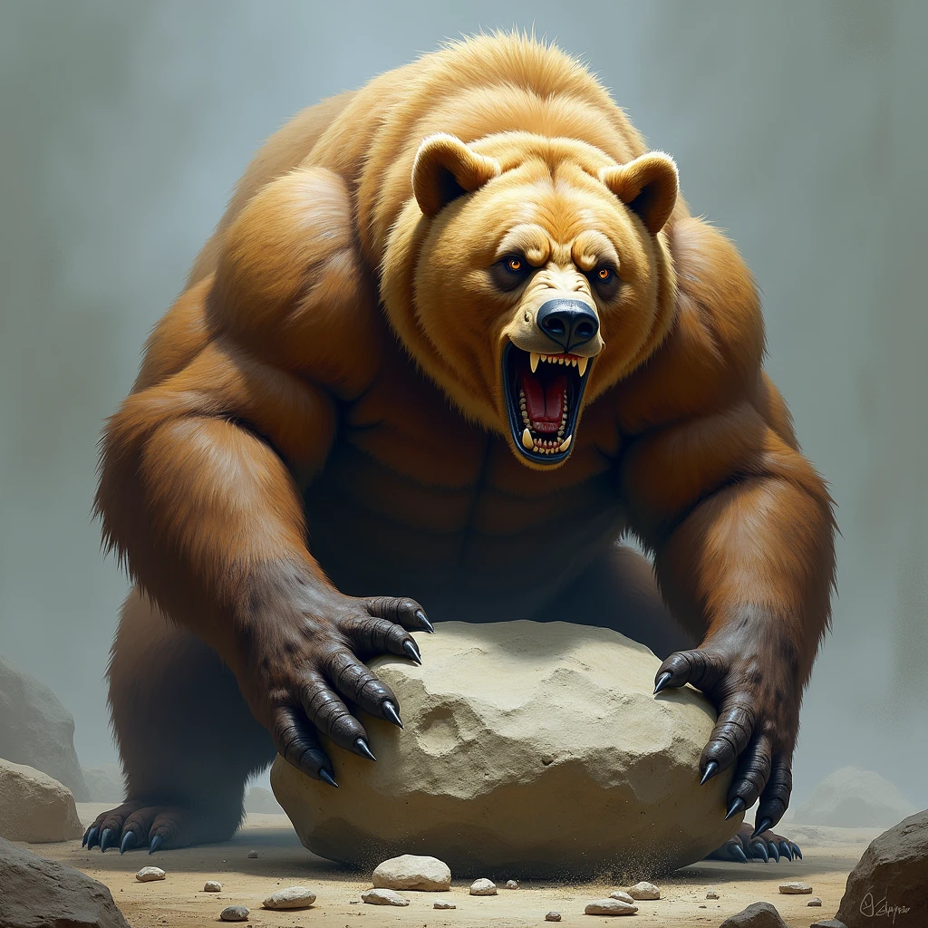 the bear trying to lift the stone, with visible effort in his expression.