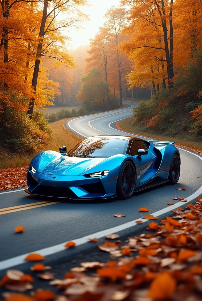 A blue car driving on road yellow trees
