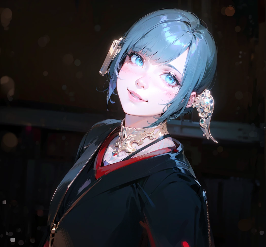 (masterpiece, best quality:1.3), highly detailed, (blurry foreground), 1girl, black hair, high ponytail, long hair, (bangs), (deep ocean eyes), (smiley), pretty lipsticks, (holding smartphone:1.2), looking at the phone, black leather long coat, late night street background, soft focus, ((bokeh)), absurdres