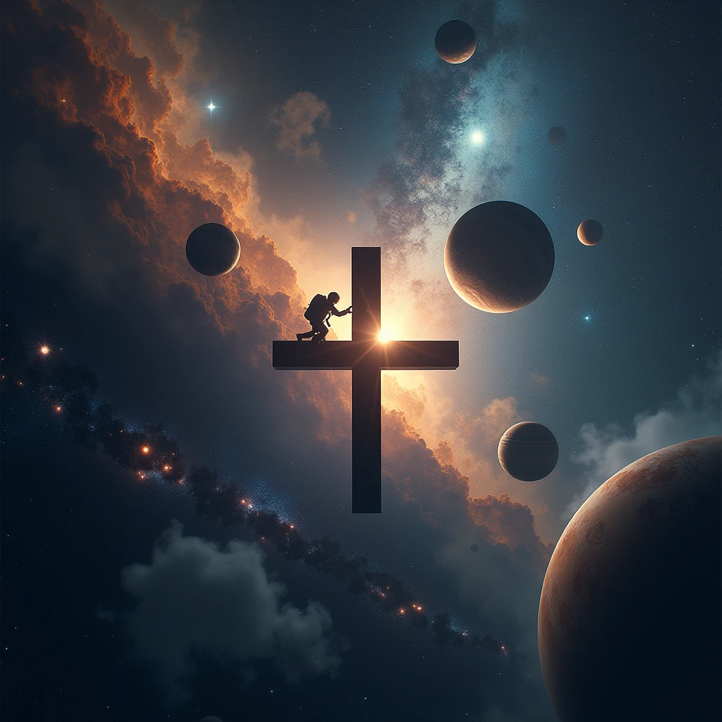 A cross , in outer space , planets , stars , constellations , an astronaut