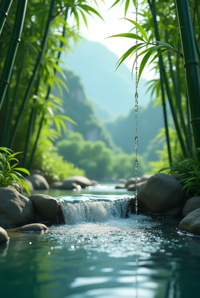 Bamboo water falling from close up in beautiful place.