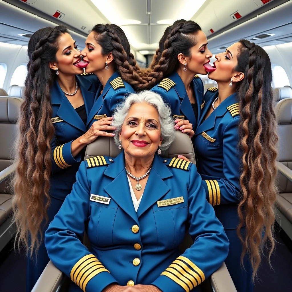 In a flight,total 3 india eldery ladies dressed up in pilot uniform involving and licking their hairs of each others wildly,all four of them,with their hairs respectively colors for the marure ladies and eldery lady hairs in as per image prompt,their long,meticulaiursly suler conrowed braided hairs shining ,red lipsstick,natural tongues pulled out,licking the eldery lady' hair by  other eldery with conrowed hairs like she is being raped excat in image,These all three ladies' faces are with showing full of sexual wildness showing out from their faces exact as in image prompt,Their eyes are fullfill with sexual wildness with raping scalp as per the imahe prompt,(Show me their tongues,long tongues:1.0) styled with 100000 liters hair oil,hairs like viscus oiled pulp,slick combed hair lines highly visible,{{{{Ladies wears perfect dresses in perfectt busty}}}},{{{{{NSFW}}}}},{{{{{{Hairs highly soaked}}}}}},{{{Hairs Drenched in water}}}}},{{{slick combed hair lines}}}},{{{{Hairlines reflecting shinning like mirrors with water}},{{{{{Showcase full bodies perfect figures}}}}},{{{{{High resolution perfecr color grading}}}}}},{{{Perfect conrowed on all three ladies exactly in image prompt}}}}}}},((((((Generate ethnicity as indian sexy build ladies))))))),((((((Generate wildness poses where shows the wildness maturity of the sexually wildness and extremly extremly wildness in to hair licking by their tongues exatly as image prompt if someone sees this should get errected)))),