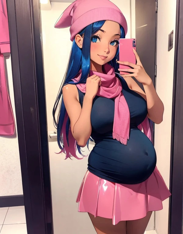 (best quality,4k,8k,highres,masterpiece:1.2),ultra-detailed,(realistic,photorealistic,photo-realistic:1.37)highres,portrait,beautiful pregnant girl,taking a selfie in a public bathroom mirror, full body,glossy reflection,\(pokemon\), beanie, long hair, blue hair, blue eyes, detailed eyes, beautiful eyes, black sleeveless shirt, pink scarf, pink skirt, pink boots, body shape, third trimester of pregnancy, down blouse,[metallic mirror],vibrant colors,soft lighting,hint of mystery,subtle smile,stylish outfit,impressive attention to facial details,expressive eyes,luscious lips,long eyelashes,shiny hair flowing down,urban backdrop,modern ambiance