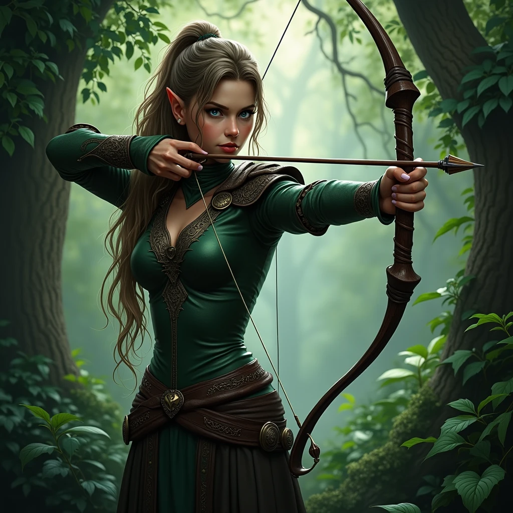 mystical, alluring, beautiful, female elf ranger, in a forest, drawing a bow to fire, fancy leather elf armor, facing viewer, dense forest background, leaves a vines in foreground