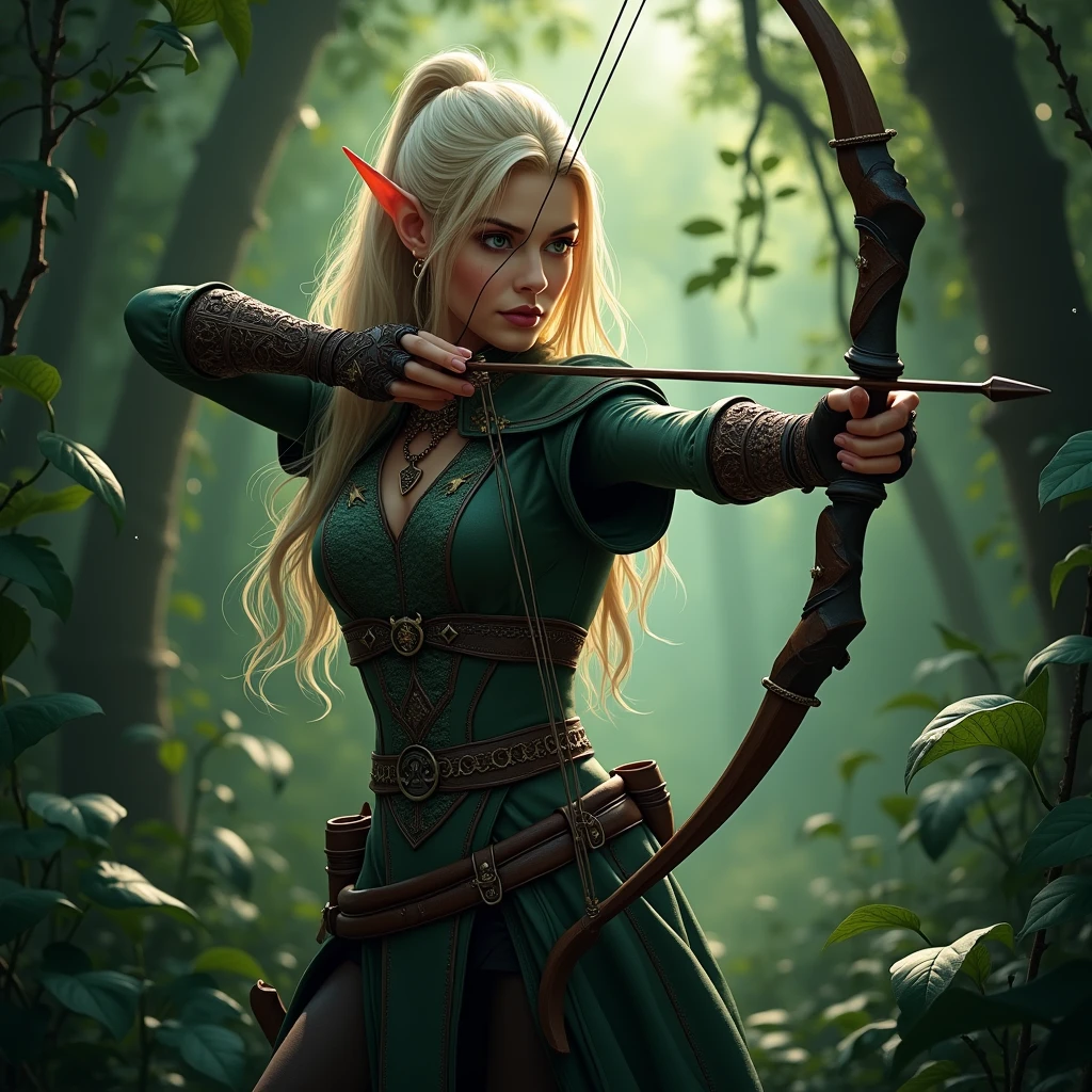 mystical, alluring, beautiful, female elf ranger, in a forest, drawing a bow to fire, fancy leather elf armor, facing viewer, dense forest background, leaves a vines in foreground