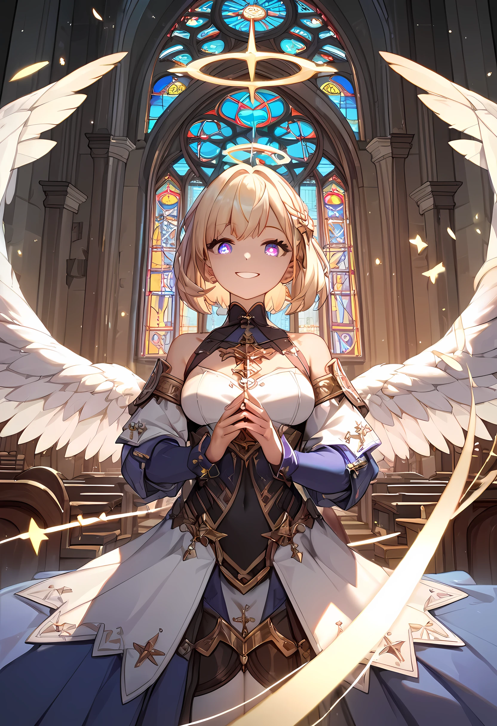 unaestheticXL_bp5, (negative_v2 Color_Balance_Calibration:0.8),score_9, score_8_up, score_7_up,source_anime, high res image,masterpiece,best quality,girl,cute face,clear skin,shiny hair,ultra detailed eyes，angel comes、A compassionate smile、church、Fantasy、Halo
