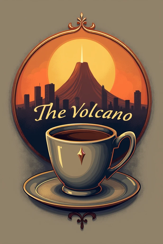 Logo of a coffee cup in the city with name (The Volcano)