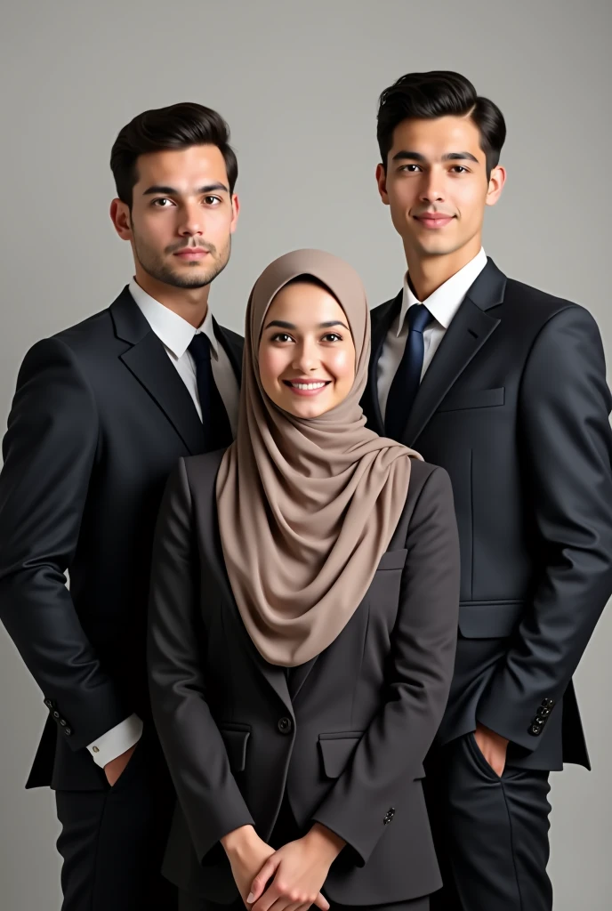 Make a family portrait wearing suits and ties, one mother and three sons..
50 year old mother wearing hijab 3 boy with neat hair and white skin 30 year old boy with neat hair and white skin fat body 2 boy with neat hair and white skin