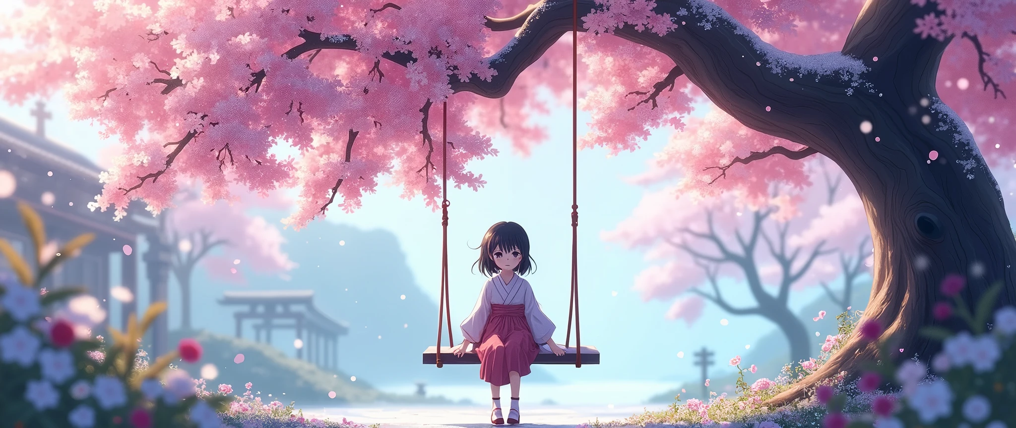 "Create a beautiful anime-style image of a young girl sitting on a swing under a cherry blossom tree, with snowflakes gently falling around. The scene should be in a Japanese aesthetic, showcasing delicate and vibrant colors, with the cherry blossoms in full bloom and the snowfall adding a serene, magical atmosphere."