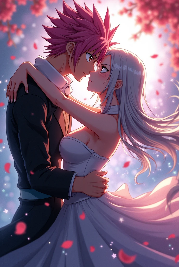 Natsu dragneel from Fairy Tail and pink hair outer moka from Rosario + Vampire kissing