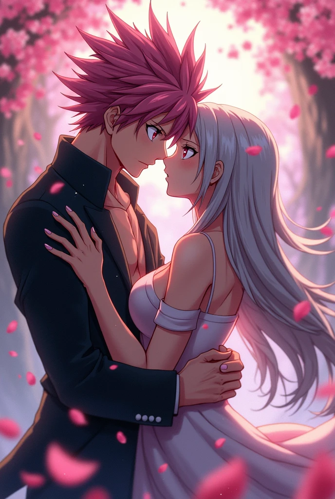 Natsu dragneel from Fairy Tail and pink hair outer moka from Rosario + Vampire kissing