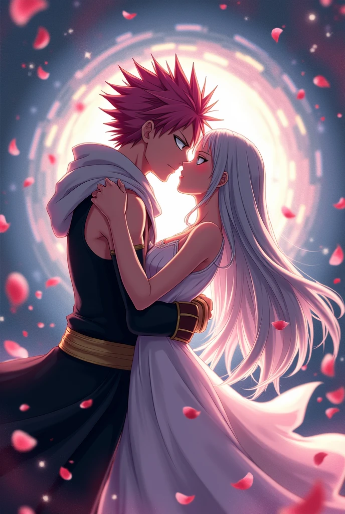 Natsu dragneel from Fairy Tail and pink hair outer moka from Rosario + Vampire kissing