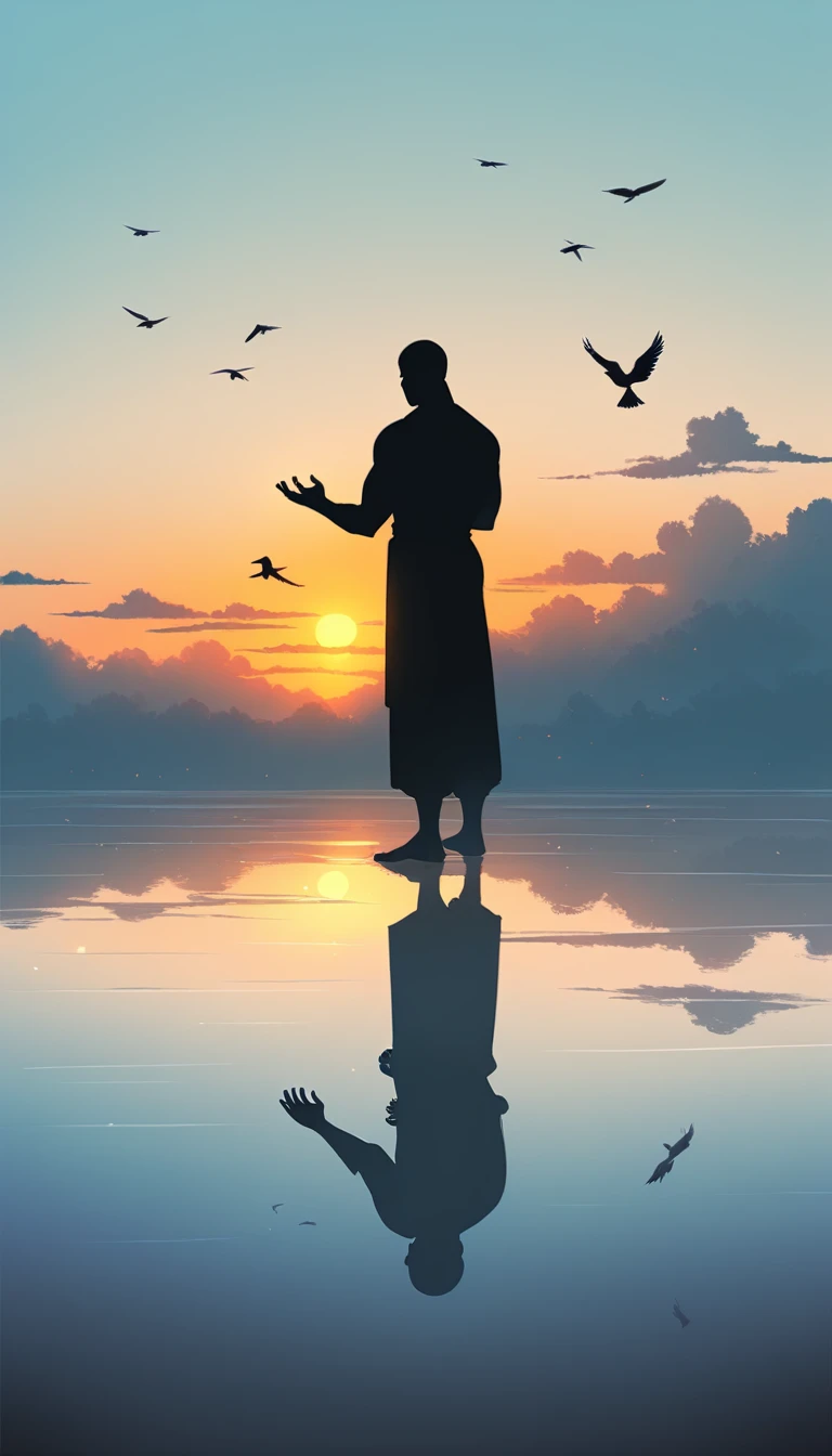 A man in a black bodysuit stands in the smoke, Priapus, Dark Black, Dark black skin, Buzz Cut, His muscles are very developed, Very tall, short hair, Blend into the smoke, Lake, Reflection, Sunset, Sunset, Bird, plum bossom, Man silhouette, Chinese, black and white, Simple style