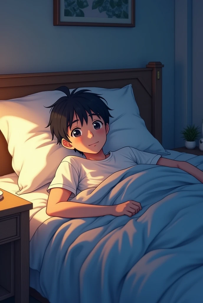 adult boy anime was sleeping in a bed with dream. that dream was earning a lot of money.