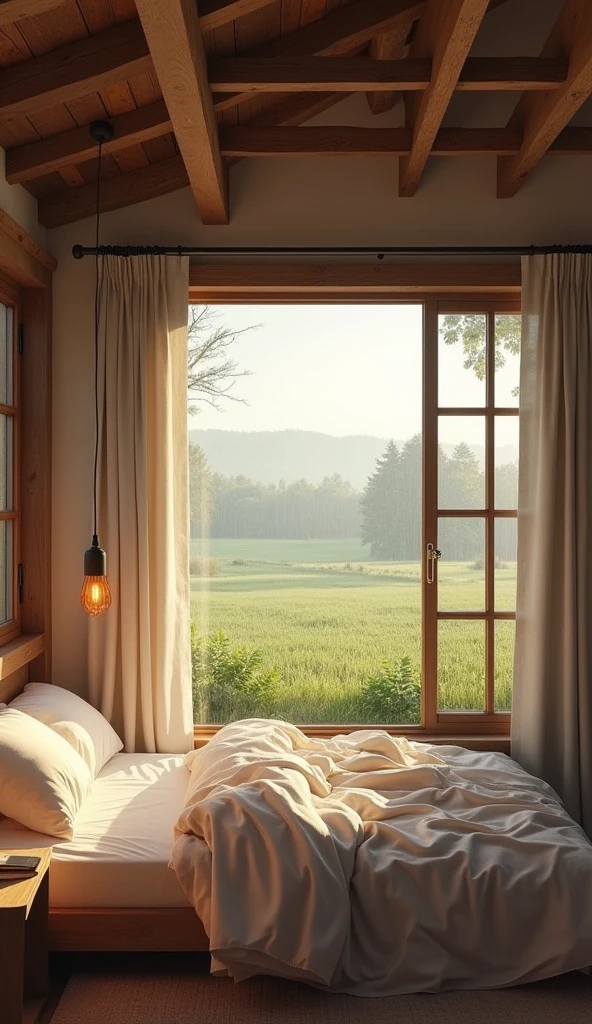 A large, comfortable bedroom with wooden beams and a window showing rain-soaked fields. The peacefulness of the countryside and the gentle sound of rain provide a perfect nap ambiance.