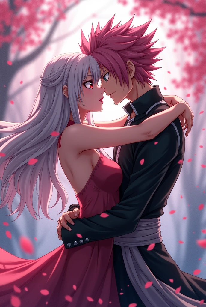 Natsu dragneel from Fairy Tail and pink hair outer moka from Rosario + Vampire kissing