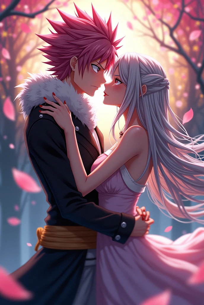 Natsu dragneel from Fairy Tail and pink hair outer moka from Rosario + Vampire kissing