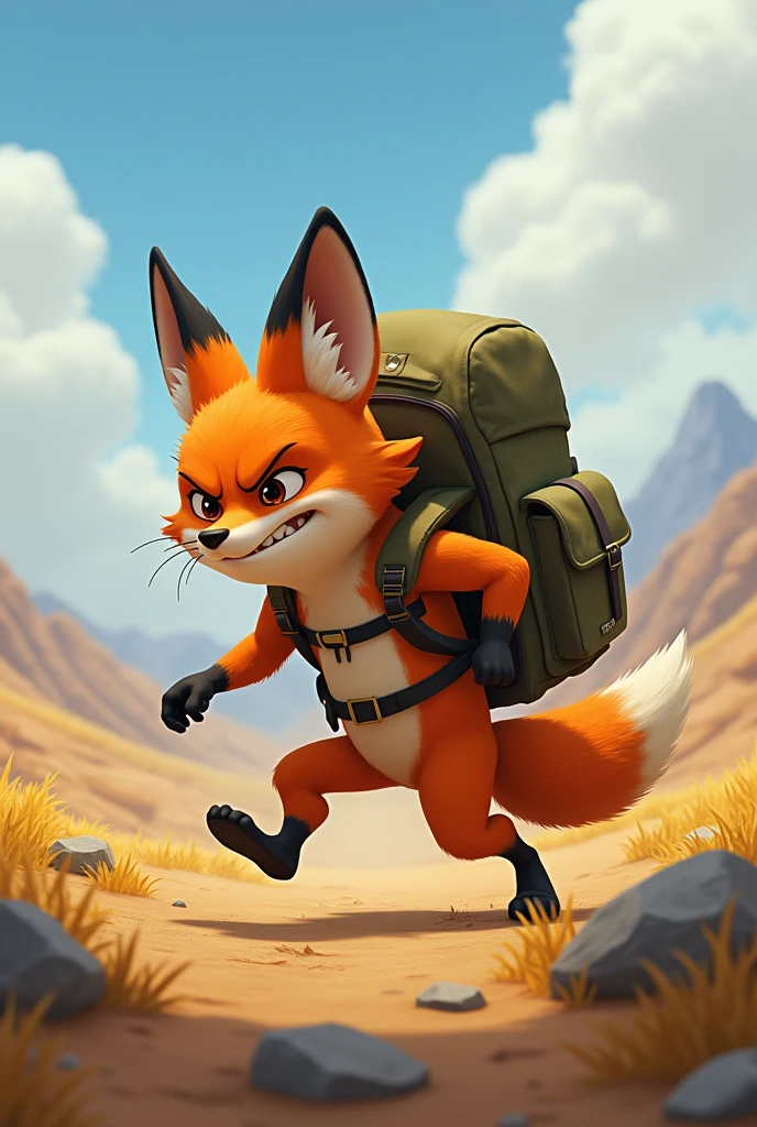 
picture of Max the fox look struggling with his backpack, the background is wide