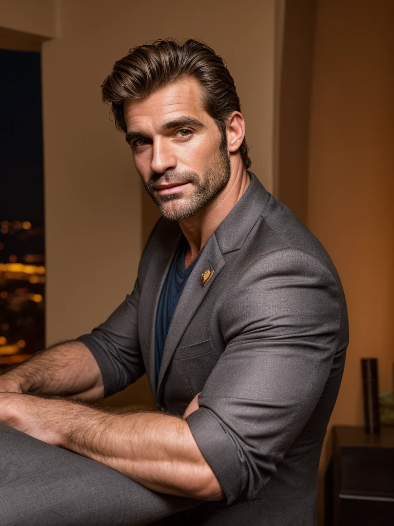 hair, portrait of a ruggedly handsome paladin, muscular, half body, masculine, mature, Retrato de un joven, Muscular very handsome and attractive italian men, A 40 years old male, Retrato de un joven, Muscular, real, business suit, night, rock city