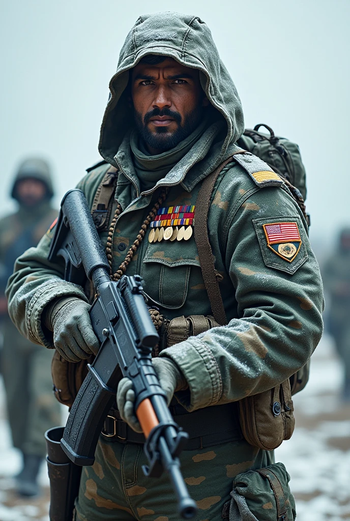 1 men, (india soldiers), with badges, snow camouflage soldier uniform, detailed lines, gorgeous face, upscale:4x, gun, in neck, masculine, war background,