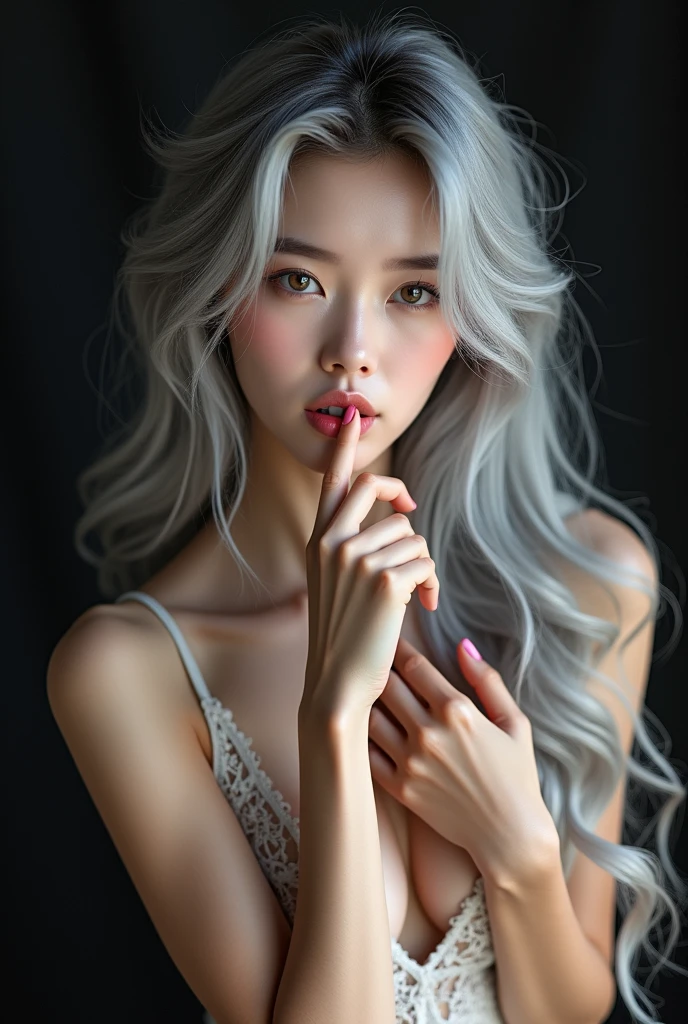 A magazine cover entitled "FLUX". It depicts above view of extremelly beautiful Korean girl, korean idol, kpop style, slender body, detailed skin texture, detailed beautiful eyes, detailed sexy moist lips, natural make up, detailed long silver messy hair, small breasts, black sheet, fully naked, one hand is covering breasts and the other hand finger sucking, medium breasts, grey eyes, sexy light pink moist lips, slightly open mouth, looking to the viewer, Bright front soft studio light, 8K, hyper-realistic, photorealistic, (depth of field:1.1), sharp focus. The individual is adorned with a voluminous, flowing mane of her hair.
