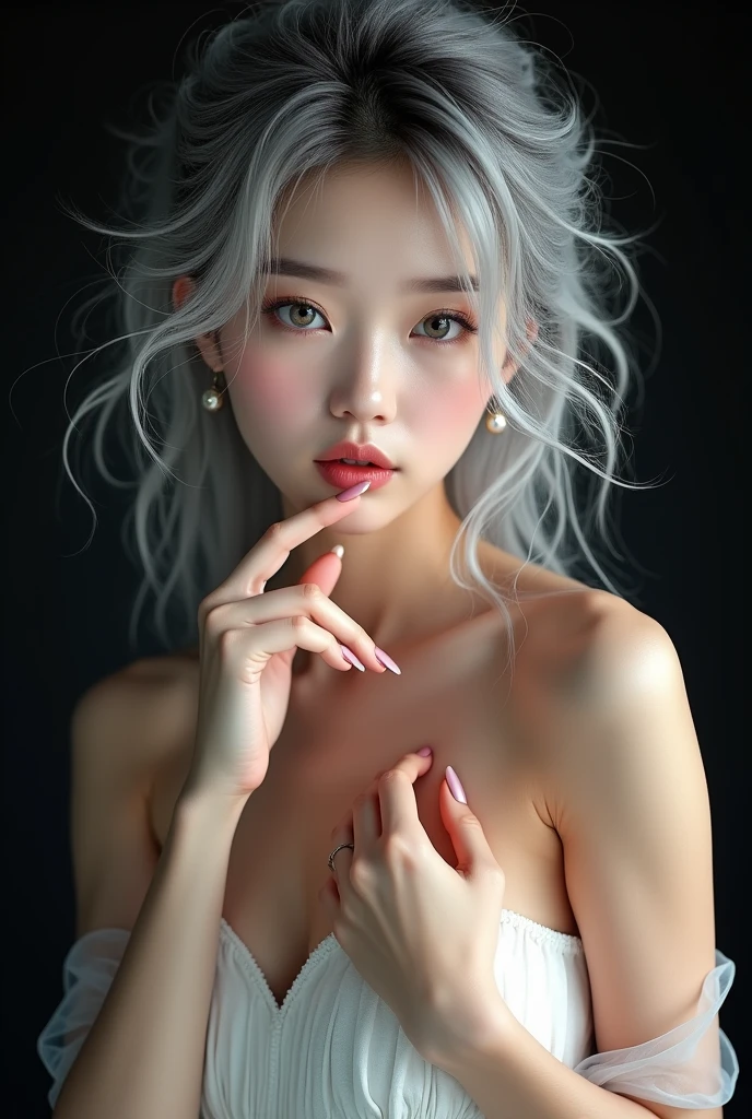 A magazine cover entitled "FLUX". It depicts above view of extremelly beautiful Korean girl, korean idol, kpop style, slender body, detailed skin texture, detailed beautiful eyes, detailed sexy moist lips, natural make up, detailed long silver messy hair, small breasts, black sheet, fully naked, one hand is covering breasts and the other hand finger sucking, medium breasts, grey eyes, sexy light pink moist lips, slightly open mouth, looking to the viewer, Bright front soft studio light, 8K, hyper-realistic, photorealistic, (depth of field:1.1), sharp focus. The individual is adorned with a voluminous, flowing mane of her hair.