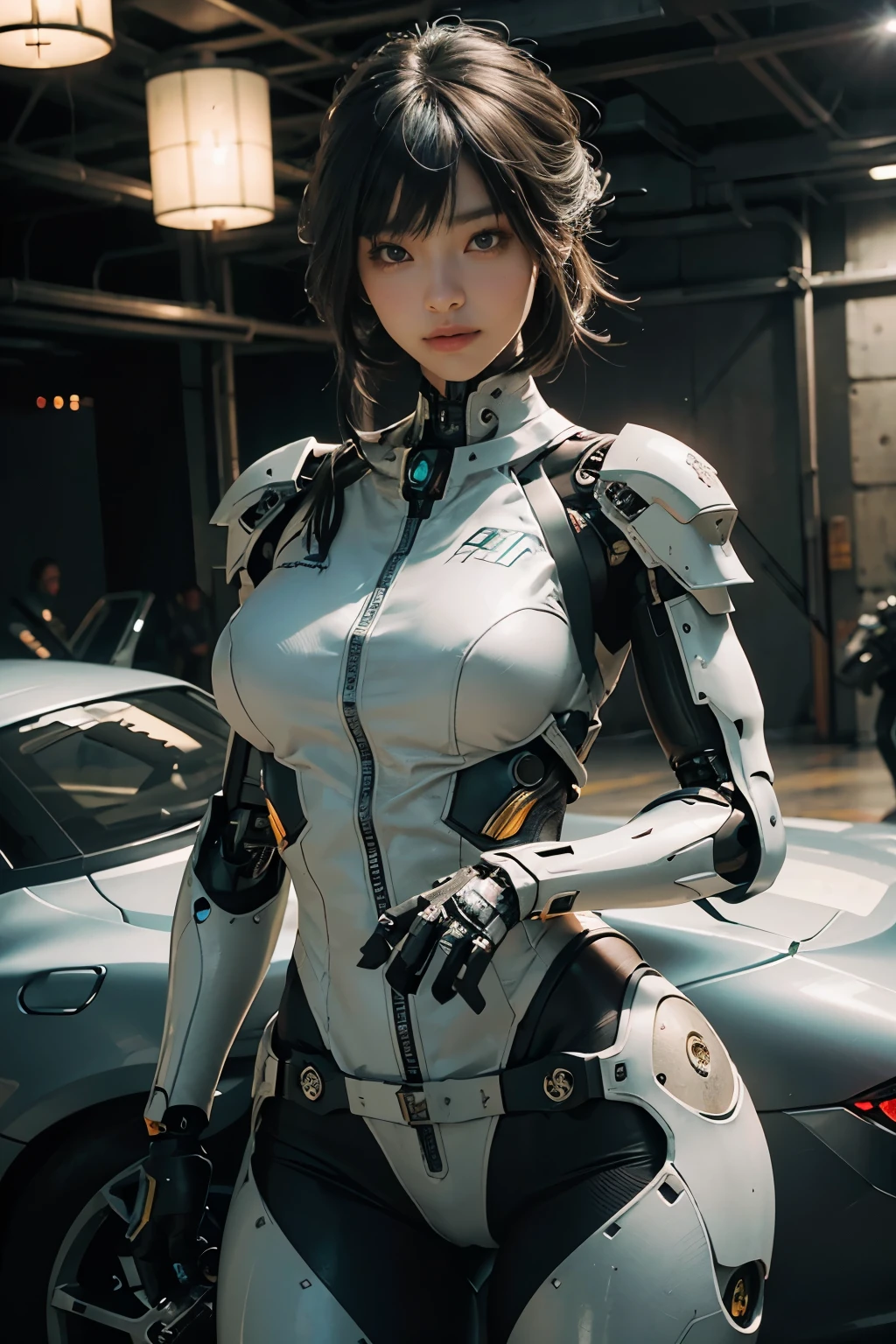 Textured skin, Super Detail, high details, High quality, Best Quality, hight resolution, 1080p, hard disk, Beautiful,(cyborgs),beautiful cyborg woman,Mecha Cyborg Girl,Battle Mode,Girl with a Mecha Body,Able to launch missiles from the chest,You can shoot a machine gun from both hands