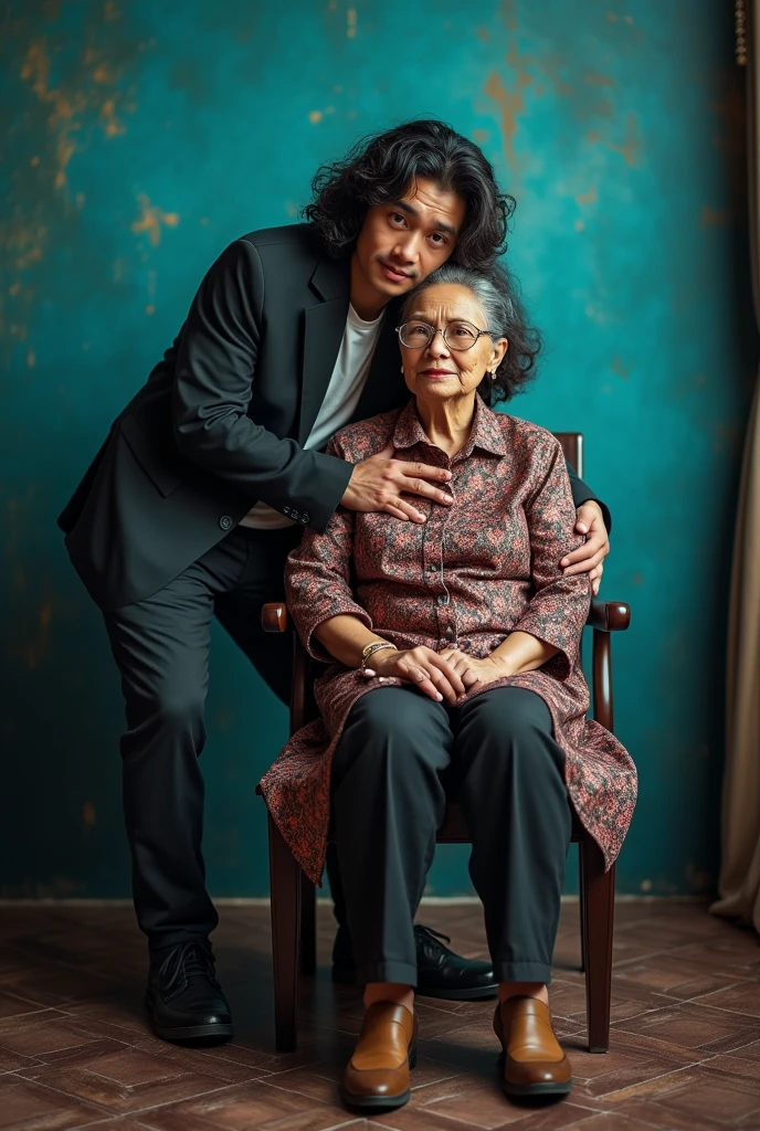 Photography of a 20 year old Asian guy with long curly hair wearing a cool jacket, trousers and shoes, hugging a 3 Indonesian mother sitting on a chair wearing a cool kebaya with a cool background.