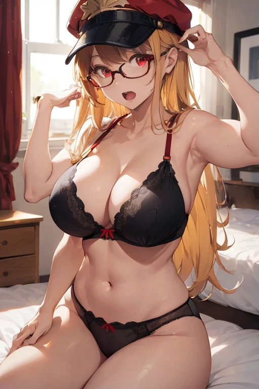 1 female, gold yellow long hair, red eyes, huge breast, black bra, thick legs, black underwear, glasses, red cap, home, bedroom, in the bed, sexy pose, open mouth, blushing, rosa cheeks