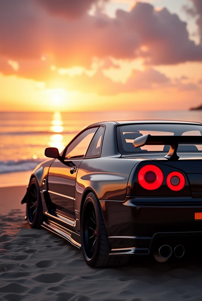 Black nissan GTR skyline R34 parked in beach side looking sun set