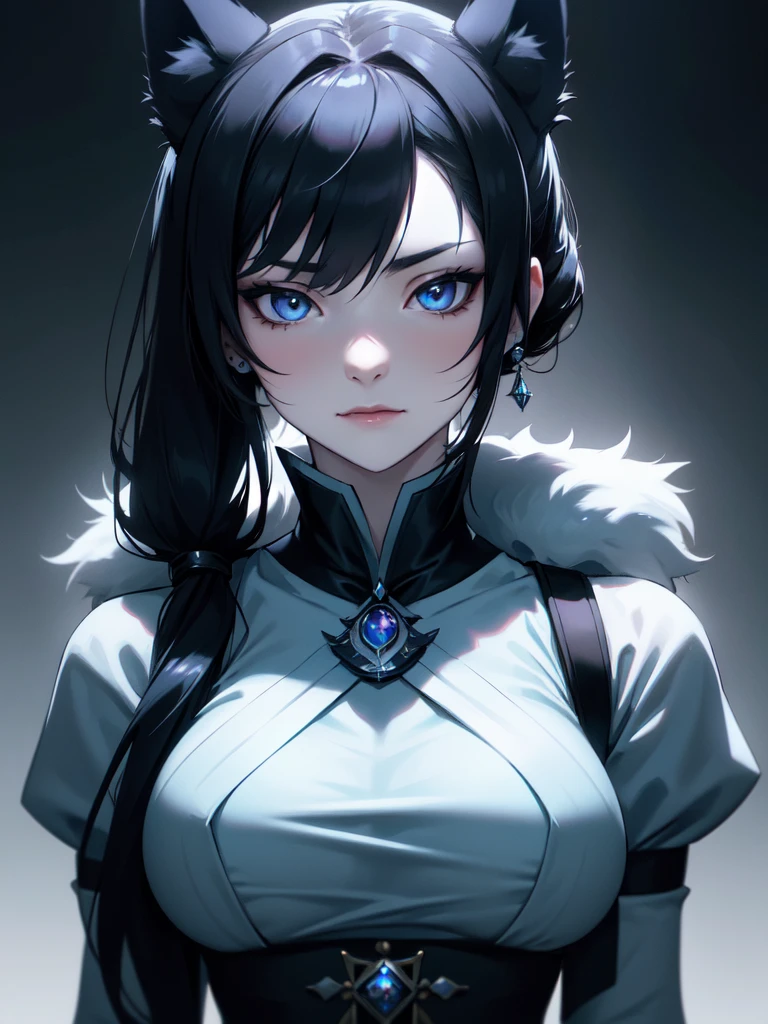 (((Portrait Photo))), She has the Appearance of a Regal Teenager, with a Strong, Muscular Build, and Cold Pale Skin that Exudes Elegance. She has Black Hair Tied into Twin Low Ponytails, Keeping it Neat and Out of Her Face. The Top of Her Head is Shaped Like an Odango to Resemble Dark Wolf Ears. Her Icy Blue Eyes Reflect the Piercing Gaze of a Husky—Intense, Intelligent, and Unyielding. Her Expression is Calm and Composed, with a Subtle, Knowing Smirk, Perfectly Embodying the Essence of Pride and Excellence. (((Dark Background))), (((Portrait Photo))), (((Regal Posture)))