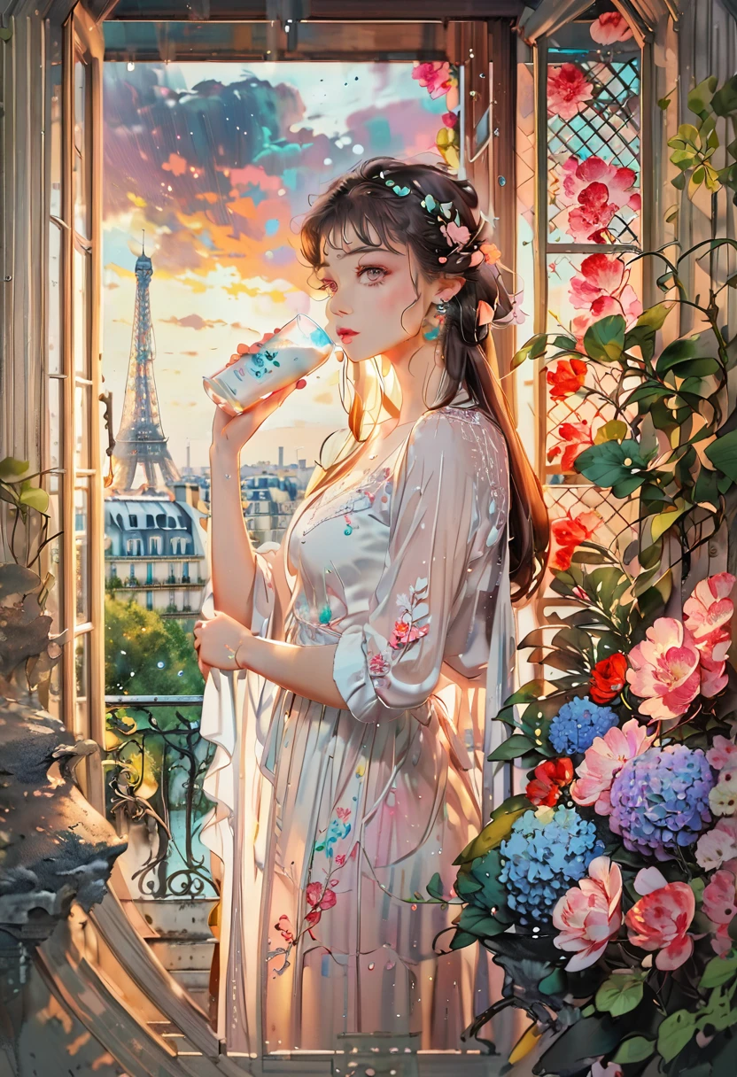 (Best Quality,4k,8k,High resolution,masterpiece:1.2),ultra detailed,realist,photorealist:1.37,Paris,stormy scene,Women drinking milk in white dresses,watercolor,Ethereal lighting,vibrant colors,Air of mystery,Classical architecture,rippling reflections of water,loose brush strokes,delicate details,romantic setting,subtle textures,lush vegetation,sense of movement,dramatic clouds,infinite depth,impressionist style,Feminine elegance,Stylish poses,Lively atmosphere,dynamic composition,subtle color gradients,evocative mood,Soft raindrops,touches of color,dream atmosphere,ethereal beauty