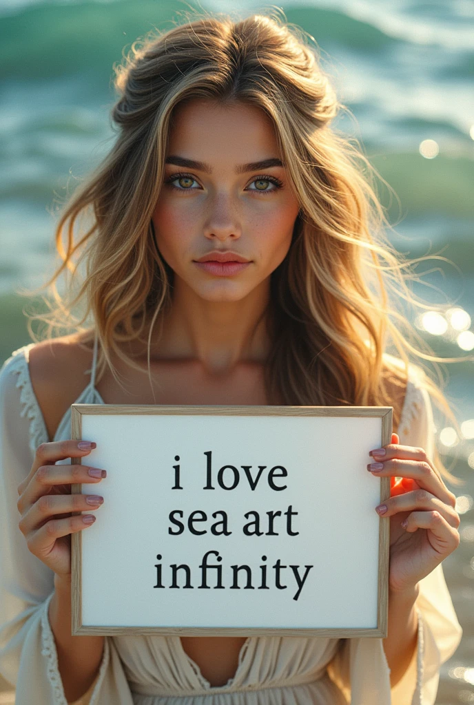 Beautiful girl with wavy long hair, bohemian dress, holding a white board with text "I Love Seaart Infinity" and showing it to the viewer