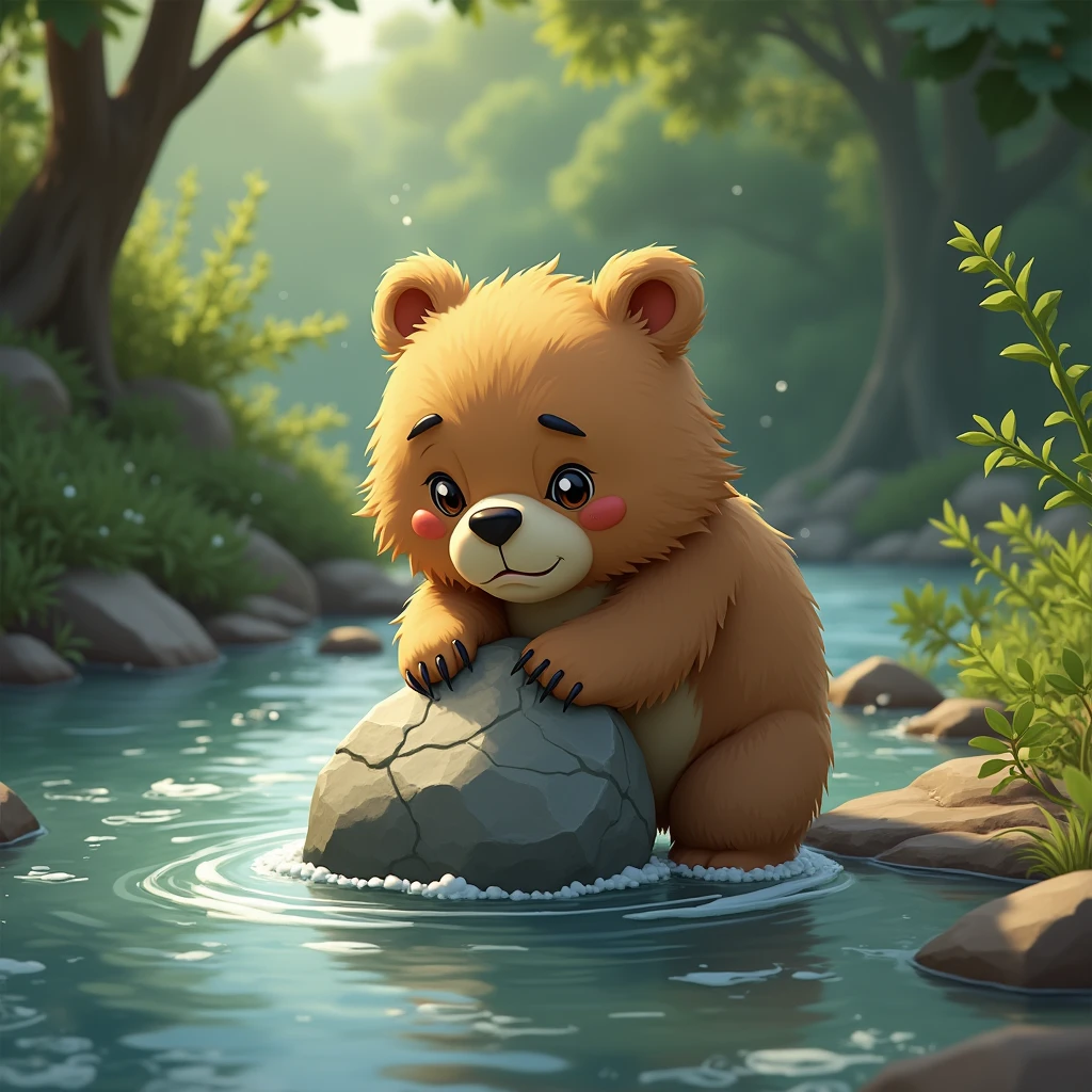 The little bear trying to lift the stone from the river, with visible effort in his expression.