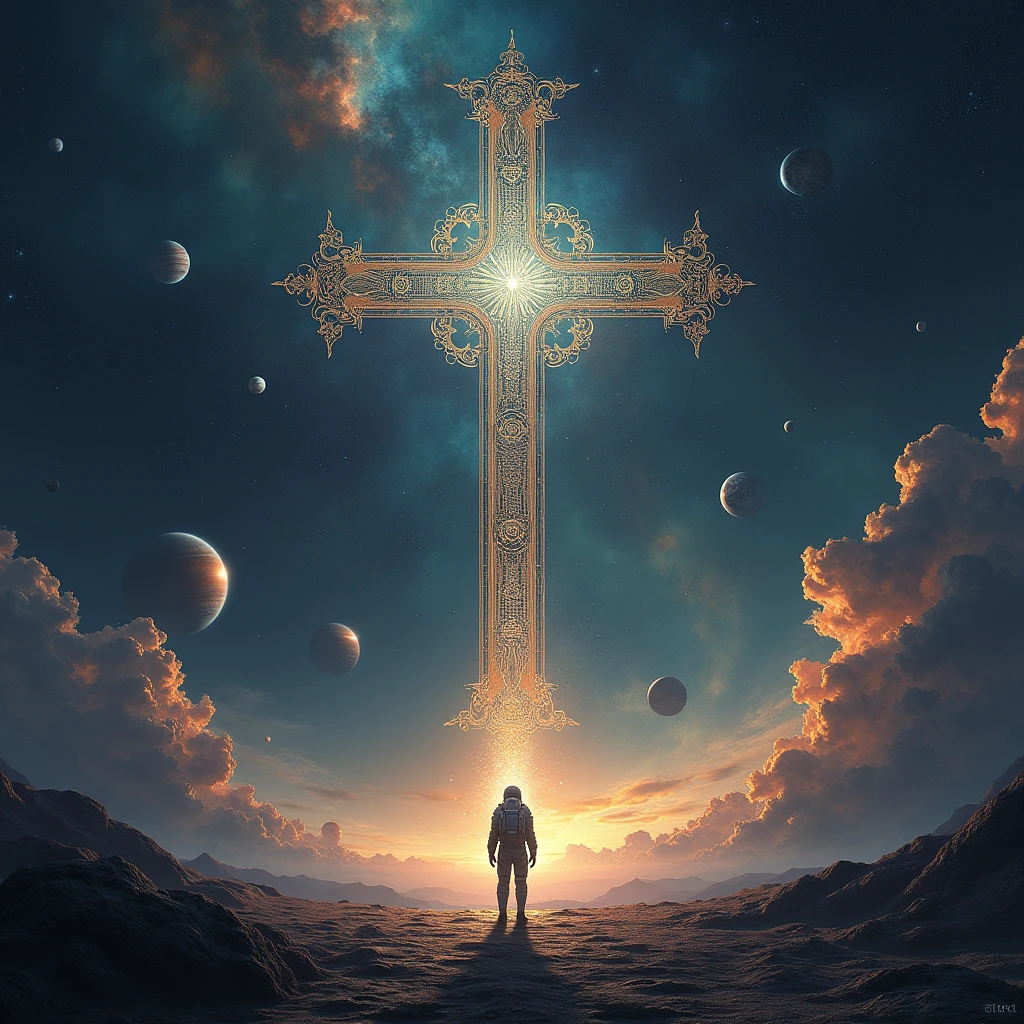 The Cross , in outer space , planets , stars , constellations , an astronaut