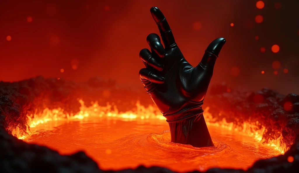 the terminator\(Movie\) Thumbs up wearing black leather gloves, Only his hand stretched out from under the hot pool of magma, Everywhere is dyed red by the heat, a scene from the Movie,Very famous scene, the climax of the Movie, Close-up of hands